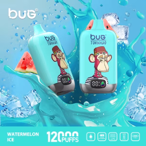 Urządzenie vape BUG TORNADO o smaku Watermelon Ice, kompaktowym rozmiarze 120 mm, z etykietą 12000 PUFFS dla dłuższego użytkowania